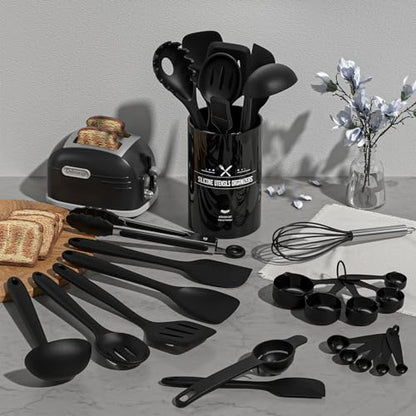 Silicone Kitchen Utensils Set, Umite Chef 22Pcs Cooking Utensils Spatula Set, Heat Resistant Non-Stick Silicone, Dishwasher Safe Cooking Gadgets Tools Set(Black) - color: Black