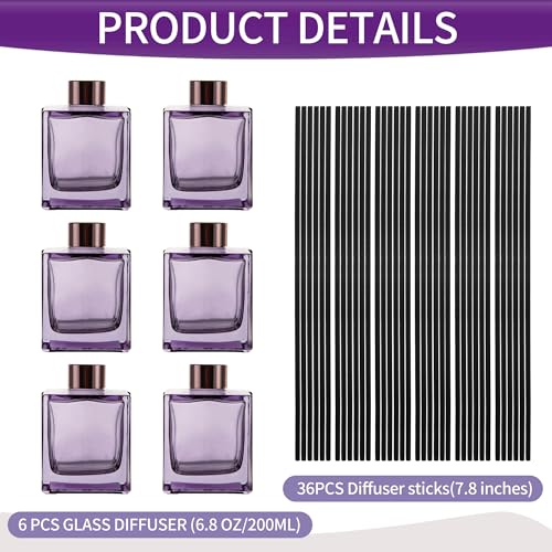 6 Pack Perfume Reed Diffuser Bottle,Empty Square Essential Oil Bottles Glass Jar with Black Sticks for DIY Fragrance Replacement Diffuser Sets (200ml/6.8 oz, Purple Color) - color: Purple ( 6.8 Oz )