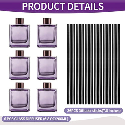 6 Pack Perfume Reed Diffuser Bottle,Empty Square Essential Oil Bottles Glass Jar with Black Sticks for DIY Fragrance Replacement Diffuser Sets (200ml/6.8 oz, Purple Color) - color: Purple ( 6.8 Oz )