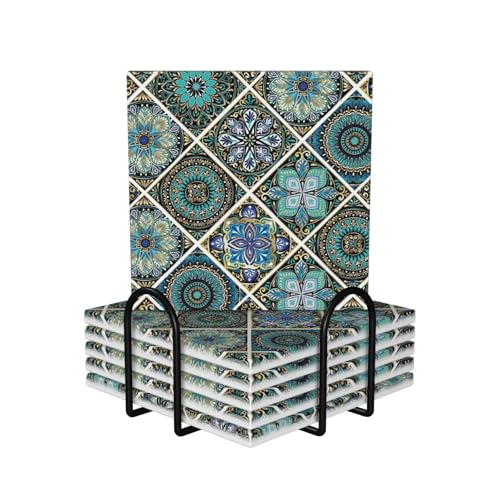 Blue Teal/Turquoise Mexican Tile Square Ceramic Coasters Set of 6 Pack, Green Bohemia Mandala Art Tiles Stone Drink Coaster with Cup Holder Anti-Scratc Cork Backing Bar Kitchen Home Housewarming Gift - color: Blue Green Mexican Bohemian Tile, size: Square
