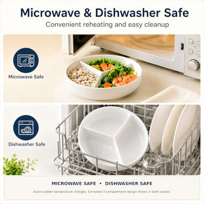Portion Control Plate, 1 Count, 7-Inch Ceramic, White | 1 Plate with 3 Compartments for Small Meals, Microwave & Dishwasher Safe