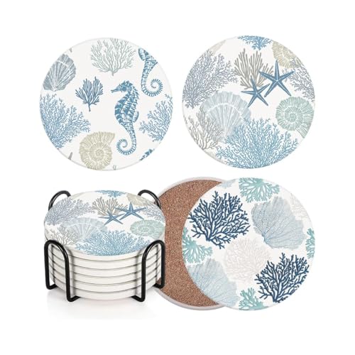Absorbent Set of 6 Drink Coasters with Metal Holder, Blue Nautical Coastal Starfish Design Ceramic Coaster for Drinks with Cork Base, Cup Coffee Mug Place Mat for Housewarming, Home Decor - color: Coastal Starfish