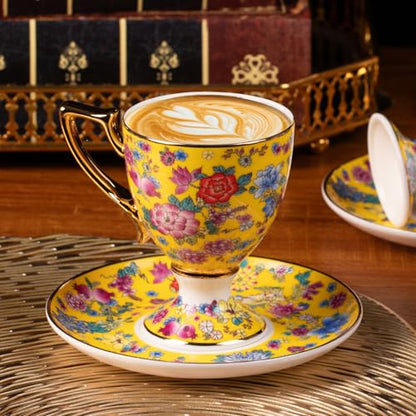 KAMMAK Tea Cup and Saucer, Ceramic Coffee Cups, 7 oz, Set of 2 | Porcelain Tea Cups with Saucers for Coffee and Cappuccino, Ideal for Breakfast, Afternoon Tea and Entertaining,622N - style: 622N