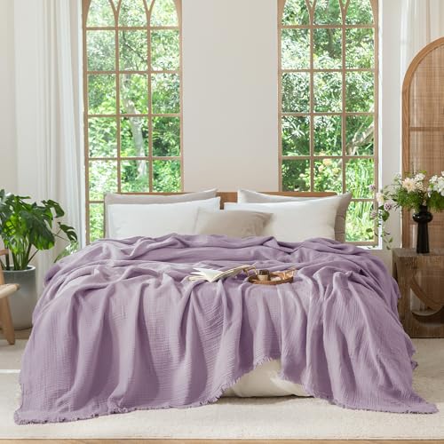 MooMee 100% Cotton Muslin Blanket, Fringed 4-Layer Gauze Bed Throw Blankets | Soft Breathable Lightweight Thin Coverlet Summer Blankets for Adults, Bed & Couch All Seasons, Light Purple, 98" x 98" - color: Light Purple, size: Oversize Queen