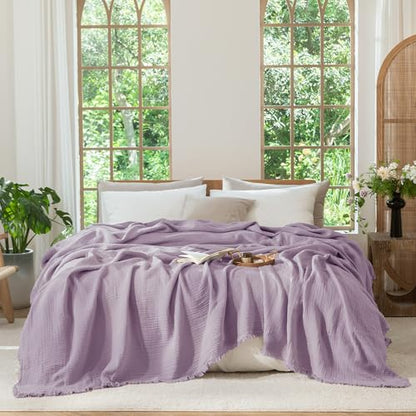 MooMee 100% Cotton Muslin Blanket, Fringed 4-Layer Gauze Bed Throw Blankets | Soft Breathable Lightweight Thin Coverlet Summer Blankets for Adults, Bed & Couch All Seasons, Light Purple, 98" x 98" - color: Light Purple, size: Oversize Queen