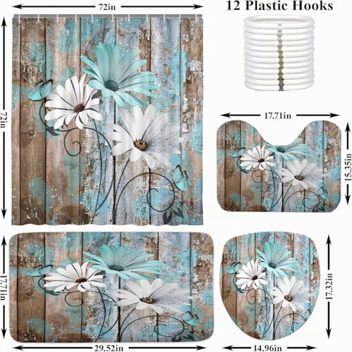 JAWO 4 Piece Teal Daisy Flower on Rustic Wooden Plank Country Style Shower Curtain Sets with Non-Slip Rugs, Toilet Lid Cover and Bath Mat, Shower Curtain with 12 Hooks - color: Teal-01, size: 5'10" x 5'10" (Rectangular)
