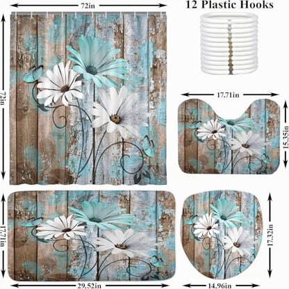 JAWO 4 Piece Teal Daisy Flower on Rustic Wooden Plank Country Style Shower Curtain Sets with Non-Slip Rugs, Toilet Lid Cover and Bath Mat, Shower Curtain with 12 Hooks - color: Teal-01, size: 5'10" x 5'10" (Rectangular)