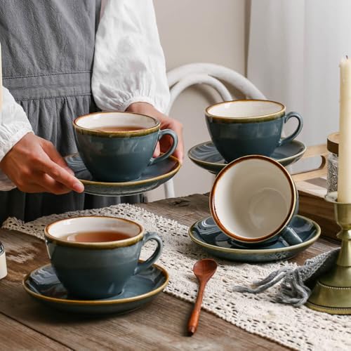 SHUER Ceramic Cappuccino Cup Set of 4, 11.2 OZ Cups and Saucers Set,Coffee Mocha Cup Sets,Black Coffee Cups and Glaze Americano Mug Great for Party and Low Tea Time (Blue 320ml) - size: Large(320ml)