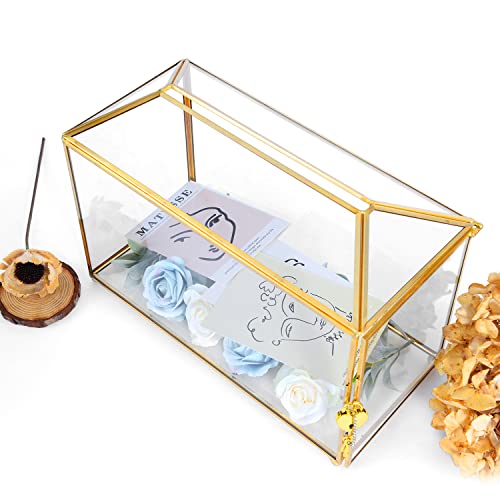 Glass Wedding Card Box with Lock, 12.6x5.9x9 inches Large Gold Card Boxes for Wedding Reception, Keepsake Display, Graduation, Party Centerpiece Decorative Box - size: 12.6 x 5.9 x 9 Inches without Arch