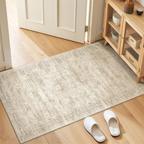 2x4 Rug Runners for Hallways Non Slip,Beige | Washable Rugs for Kitchen,Entryway,Bedroom,Bathroom,Nursery Room,Thin,Soft Runner Rug,Stain Resistant Indoor Carpet - color: Beige/Ivory, size: 2' x 4' (Runner)