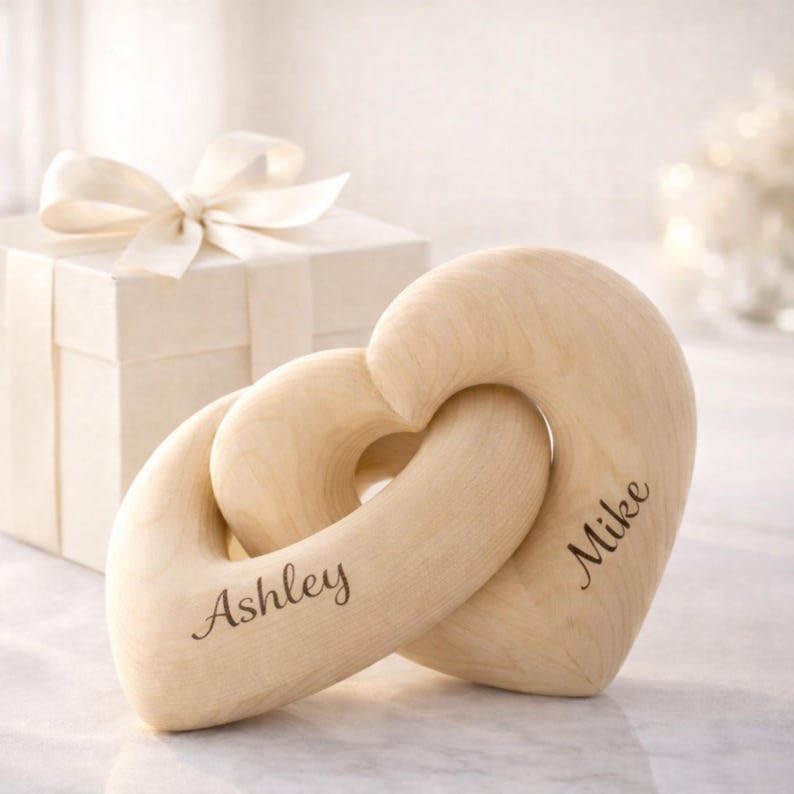 Personalized Interlocking Wooden Hearts, Custom Name Date Engraved Couple Gift, Wedding Anniversary Keepsake, Romantic Decor, Valentine Gift, Bridal Shower Gifts, Engagement Present 2 - color: Design 02