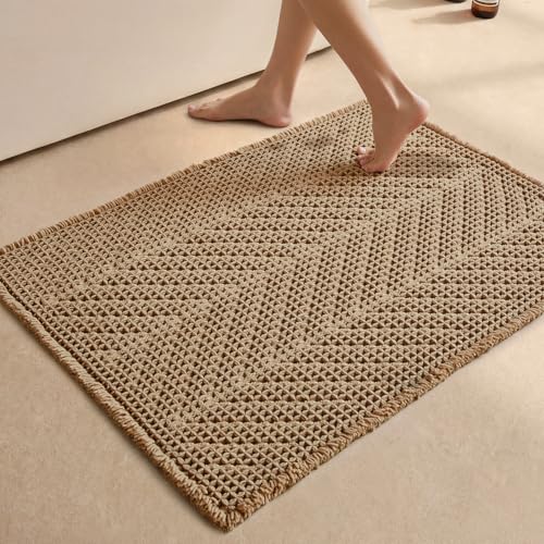 Sunfly Boho Bathroom Rug, Herringbone Waffle Bath Mat Non-Slip Washable Super Absorbent Quick Dry, Farmhouse Bath Mat for Bathroom Floor Decor 24"*36" Khaki - color: Akhaki, size: 2' x 3' (Rectangular)