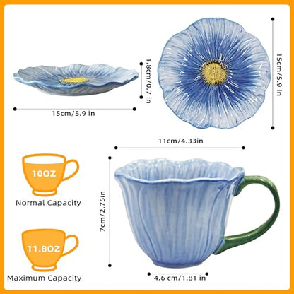 10 oz Tea Cups and Saucers, Ceramic Flower-shaped Cappuccino Cup, Latte Cup and Saucer set, elegant floral Espresso Cup set, Suitable for microwave and dishwasher-Blue - color: Blue