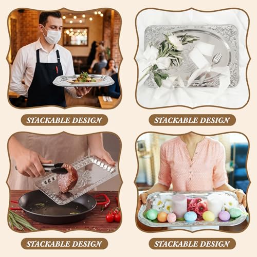 Rtteri 4 Pack 15.7" x 11.8" Large Silver Serving Trays for Party Set, Floral Engraved Serving Platters, Wedding Birthday Mirror Tray for Party, Appetizer, Charcuterie, Cookies, Desserts (Classic) - style: Classic