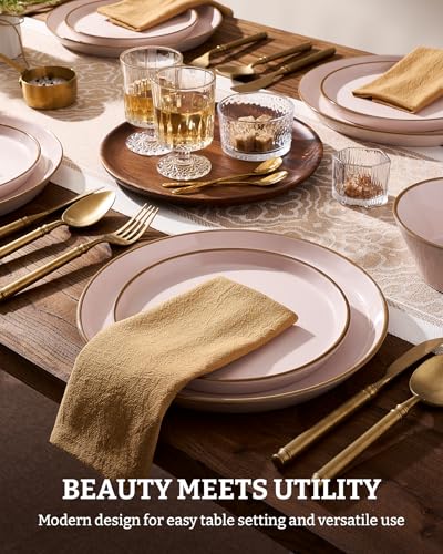 Famiware Saturn Dinnerware Sets, Ceramic Dishes for 4, Rimmed Plates, Bowls | Light Pink, 12-Piece Microwave and Dishwasher Safe Stoneware, Chip & Scratch Resistant, Modern Rustic Tableware, Everyday Use - color: Light Pink, size: 12