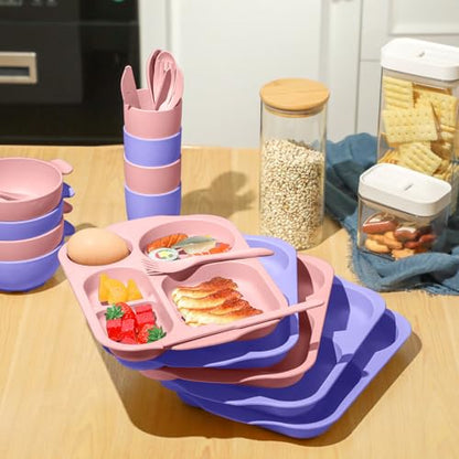 Honoson 24 Pcs Wheat Straw Dinnerware Cutlery Set, Service for 4, Unbreakable Plates and Bowls Set - Divided Plates, Bowls, Spoons, Forks & Knives, Microwave & Dishwasher Safe(Light Purple and Pink) - color: Light Purple, Light Pink