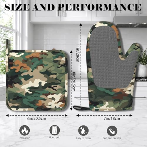 Green Camouflage Oven Mitt and Pot Holder with Silicone Heat Resistant Kitchen for Cooking BBQ Baking Grilling Cooking Protection - color: Green Camouflage