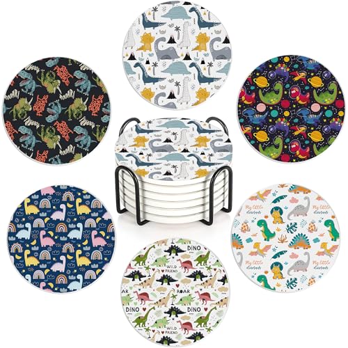 Drink Coasters Set of 6 with Holder, Dinosaur Absorbent Ceramic Drink Coaster for Tabletop Protection,Suitable for Kinds of Cups,Drinks Coasters for Home Office Decoration(4 Inches) - color: Dinosaur