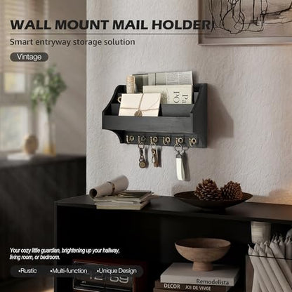 Rebee Vision Mail Organizer Wall Mounted with 6 Key Hooks, Black | Pine Wood, Key Holder Wall Mount, Hanging Mail Holder for Wall, 3-Tier Letter Slots, key Hanger, Apartment Rustic Aesthetic - color: Black