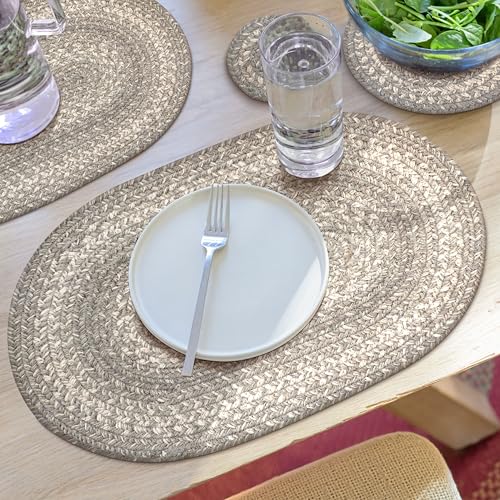 Homespice Grey Cloud Jute Braided Placemats, Oval 13x19 Set of 6 | Grey Everyday and Holiday Table Mats and Dining Table Mats for Kitchen, Reversible and Durable - color: Grey Cloud