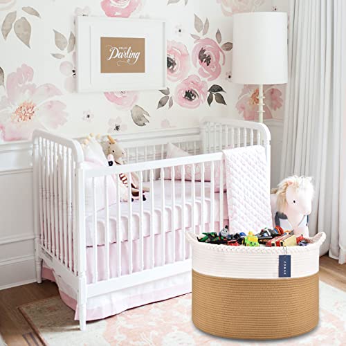 COMSE XXXLarge Woven Blanket & Laundry Basket, 87L, White & Camel | 21.7" x 13.8", Cotton Rope, Nursery Hamper for Storage of Toys Clothes Towels, Ideal for Living Room Bedroom Bathroom - color: White & Camel