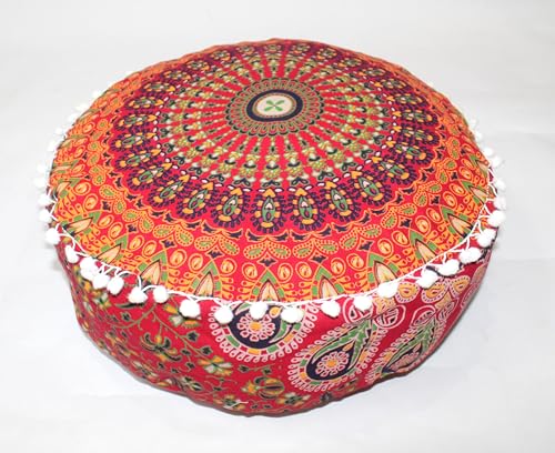 CRAFT KALA Red Peacock Large Hippie Mandala Meditation Floor Ottoman Pillow Cushion Pouf Cover Square Poufs Bohemian Circle Floor Cushion Case Outdoor Fireplace Yoga Living Room Decor Cover 16" Round - color: Red, size: 16"D x 16"W x 5"H