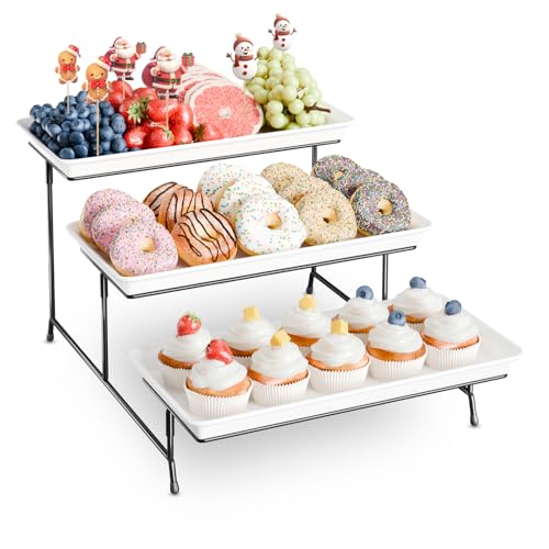 Bumusty 3-Tier Melamine Serving Tray Set, 14 x 7 in, Black Stand | Melamine Reusable Platters with Metal Display Stand for Cupcakes, Desserts, Fruit, Cookies, Parties, Birthdays and Holidays - color: Black, size: 14" x 7"