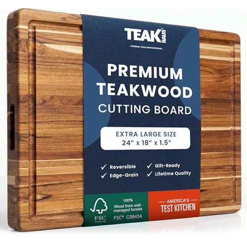 Teakhaus Carving Board with Juice Groove - Extra Large (XL) Teak Wood Cutting Board 24”L x 18”W x 1.5” Thick - Sustainably Harvested & FSC Certified - Knife Friendly with Beeswax Oil Finish - color: Cutting Board Only, size: Extra Large (24 inch x 18 inch