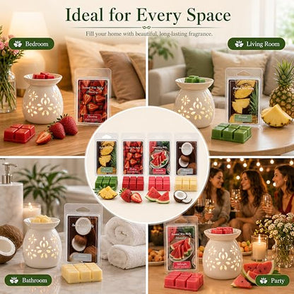 Summer Fruity Aroma Soy Wax Melts Set of 4,Each 85g = 3 oz Pineapple, Watermelon, Strawberry, Coconut Natural Scented Wax Tarts, Fragrance Diffusing Wax for Daily Use, Great for DIY Candle Making.