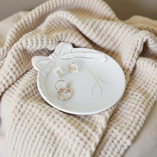 COLLECTIVE HOME Ceramic Jewelry Tray, Monogram Trinket Dish with Bow (A) | Mothers Day Graduation Christmas Birthday Gifts for Women, Bridesmaid Proposal Gifts, Features Real Gold Trim & Gift Box - color: A
