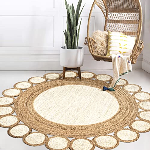 JONATHAN Y Skye Two-Tone Jute Circle Cream/Natural 5' Round Indoor Area Rug, Geometric, Cottage, Easy-Cleaning for Living Room, Bedroom, Kitchen, Pet Friendly, Non-Shedding (RNF113A-5R) - size: 5'1" (Round)