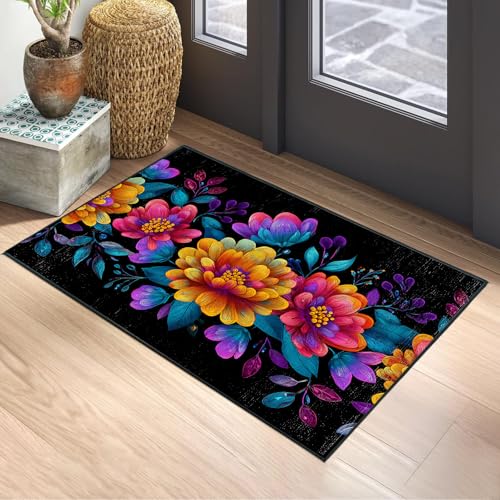 Flower Area Rug 2x3 ft Entry Rug Washable Boho Rugs Non Slip Low Pile Floral Door Mat Small Carpet for Bedroom, Bedside, Kids Room, Office, Dining Room - color: Black - Flower, size: 2' x 3' (Rectangular)