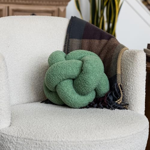 SAMIAH LUXE Sage Green Teddy Boucle Knot Pillow Ball 12", Permanently Stitched Knotted Decorative Throw Pillow, Natural Kapok Fill, Round Accent Pillow for Couch Sofa Bed, Boho Home Decor - color: Sage
