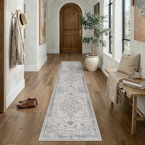 Blue Runner Rug 2x10 Entryway Vintage Floral Non-Slip Carpet | Machine Washable, Soft, Low Pile, Distressed, for Hallway, Kitchen, Laundry Room, Bathroom, Retro Neutral Decor - color: Vintage | Blue, size: 2' x 10' (Runner)