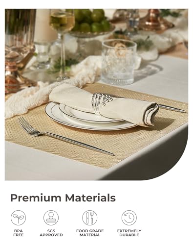 Leetaltree Woven Vinyl Placemats Set of 8, Gold Sequin | Waterproof & Washable Dining Table Mats for Wedding, Anniversary, Daily Use, Hand-Cut, Easy to Clean - color: 00- Gold Sequin, size: Set of 8
