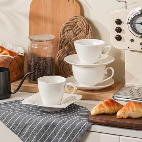 12 oz Cappuccino Cups with Saucers, Ceramic Espresso Coffee Cups Set of 4, White Latte Cup and Saucer, Elegant Tea Mugs Set, Microwave Dishwasher Safe Drinkware for Cafe, Housewarming Gift - color: A - 12oz