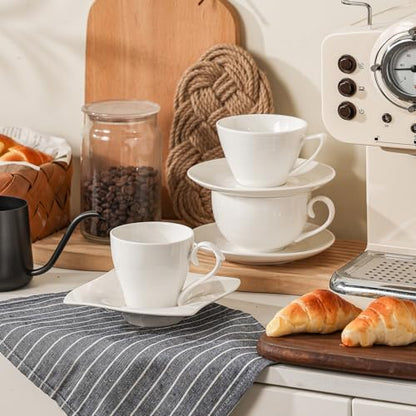 12 oz Cappuccino Cups with Saucers, Ceramic Espresso Coffee Cups Set of 4, White Latte Cup and Saucer, Elegant Tea Mugs Set, Microwave Dishwasher Safe Drinkware for Cafe, Housewarming Gift - color: A - 12oz