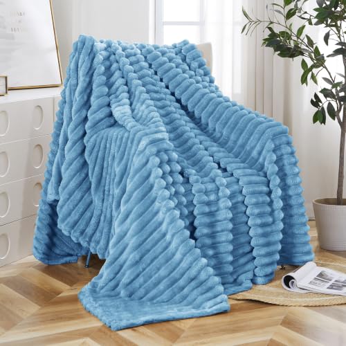 Taliska Light Blue Fleece Throw Blanket 50"x60" - Soft Cozy Fluffy Striped Blanket for Couch Sofa Travel, Lightweight Warm Throw Blankets for All-Season Home Decor - color: Light Blue, size: Throw(50"x60")