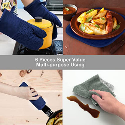 KEGOUU Oven Mitts and Pot Holders 6pcs Set, Kitchen Oven Glove High Heat Resistant 500 Degree Extra Long Oven Mitts and Potholder with Non-Slip Silicone Surface for Cooking(Marine Blue) - color: Marine Blue
