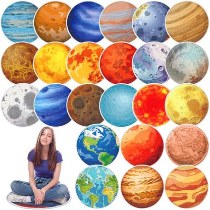 24 Pack Carpet Circles for Classroom, 16 in Non Slip Round Circle Mats for Classroom Sitting, Flexible Corner Circle Time Rugs for Reading Nook, Playing Areas, Library, Group Activity(Planet) - style: Planet