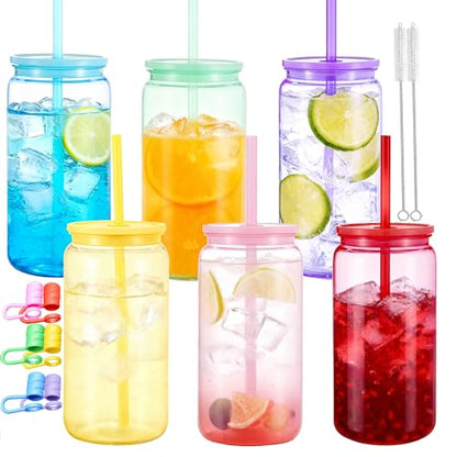 Mason Jar Cups with Lids and Straws, 16 oz Reusable Plastic Tumblers for Whisky, Soda, Tea, Juice, Beer, Coffee, Milk Tea, Gifts, 6 Pack (Rainbow) - color: Rainbow