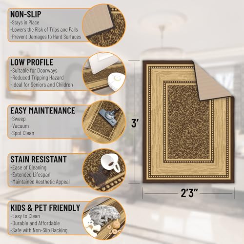Ottomanson 2x3 Entryway Rug – Non-Slip Small Area Rugs - color: Border Dark Brown, size: 2'3" x 3' (Mat)