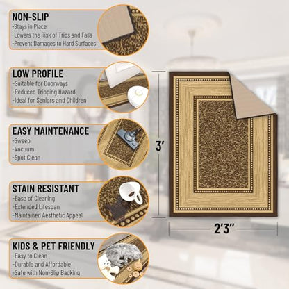 Ottomanson 2x3 Entryway Rug – Non-Slip Small Area Rugs - color: Border Dark Brown, size: 2'3" x 3' (Mat)