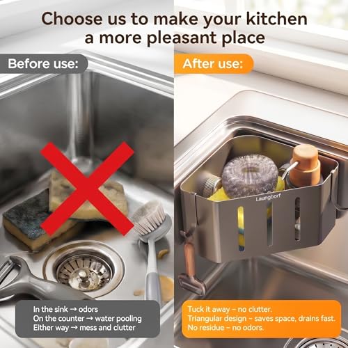 Kitchen Sink Sponge Holder, Gray (1 Pack) | Rustproof carbon steel with fast drainage holes, 2 stainless hooks & 4 pads. No-drill adhesive triangle for corner sink - size: Triangle Kitchen Sink Sponge Holder