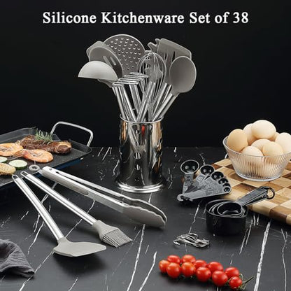 Kitchen Utensils Set, Kyraton 38 Pieces Non-Stick Silicone Cooking Utensils Set, Spoon Spatula Set with Sturdy Stainless Steel Utensil Holder, Dishwasher Safe - color: 2. With Utensil Rack