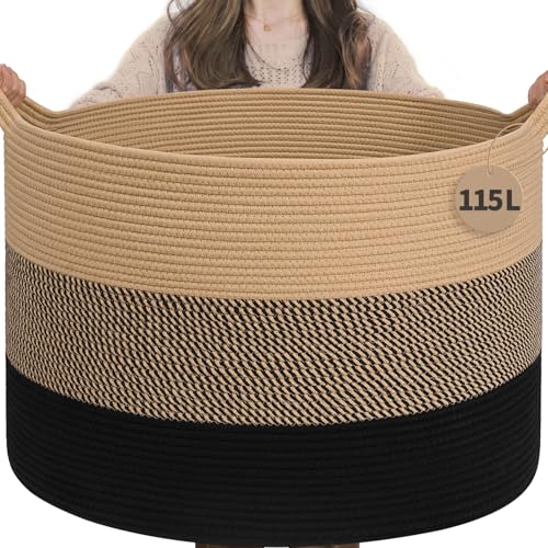 INDRESSME 115L Extra Large Woven Rope Blanket Basket Living Room | 23.6" x 15.7" Storage baskets for toys laundry & pillows. Fits living room, bedroom or nursery décor. Soft-touch with handles - color: Camel Mix & Black, size: 23.6"D x 15.7"H