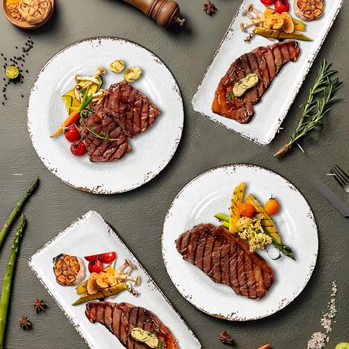 4-Pack 14" x 7" White Serving platter Set, Reusable Farmhouse Melamine Serving Platters for Cookie, Appetizer, Charcuterie, Snack, Party Food Display - Stackable Kitchen CounterTop Tray. - color: Farmhouse Rect Platter