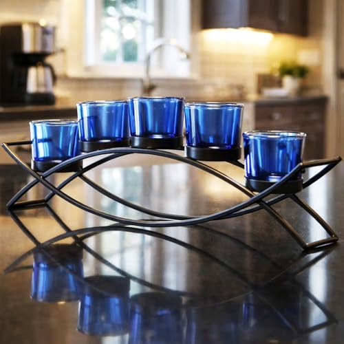 Dining Table Centerpiece Decorations, Tealight Candle Holder, Blue | Wrought Iron 5 Cup Candelabra, Votive Candle Holders, Long Modern Coffee Kitchen, Black, Cobalt Blue Glass Cups, 17in Long - color: Black/Blue, size: 5 Cup