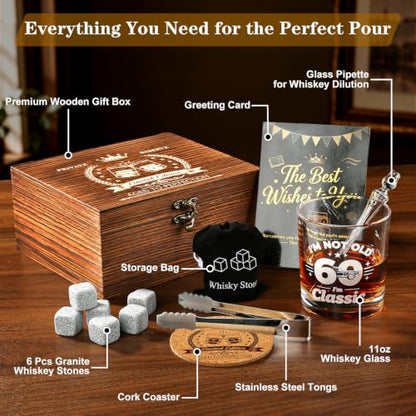 60th Birthday Gifts for Men - "I'm Not Old I'm Classic" Whiskey Glass Set | 6 Whiskey Stones, Coaster, Pipette, Tongs & Greeting Card, Perfect 60th Birthday Surprise for Dad, Grandpa Who Loves Scotch - style: 60th Mens Gifts