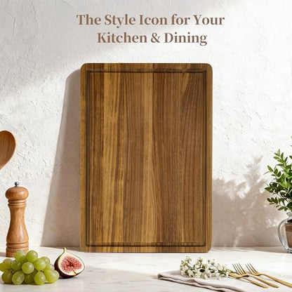 Teak Cutting Board for Kitchen - Teak Wood Chopping Board with Handle & Juice Groove, Heavy-Duty Hardwood Cutting Boards Wooden Butcher Block for Meat, Fish, Vegetables, Fruits